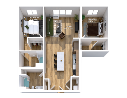 Floor plan for 2 beds, 2 baths, 1169 sqft